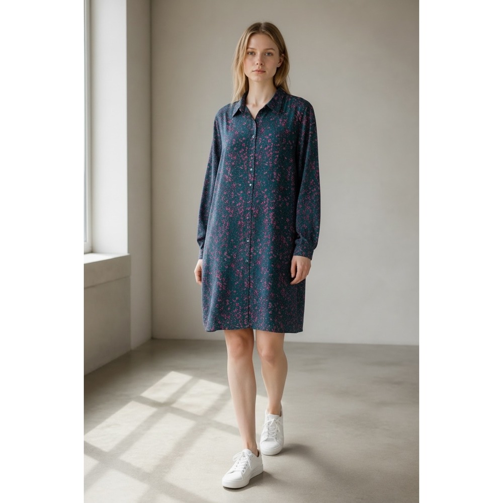 Natural Life relaxed Shirt Dress sz XL Teal Pink Floral Boho cottage core 90s